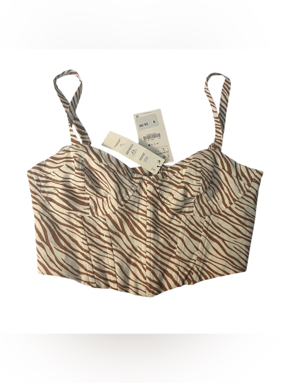 Zara Cream & Brown Zebra-Striped Bustier Crop Top NWT large